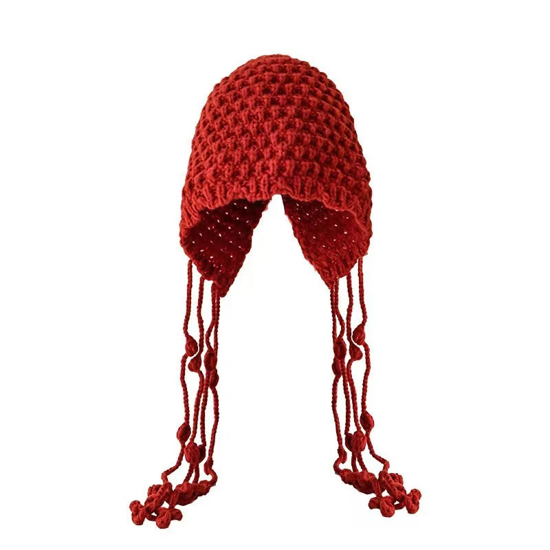 Winter Travel Red Hollow Knit Beanie Fashion Hat with Tassel Tie for Women Cold Weather Accessory