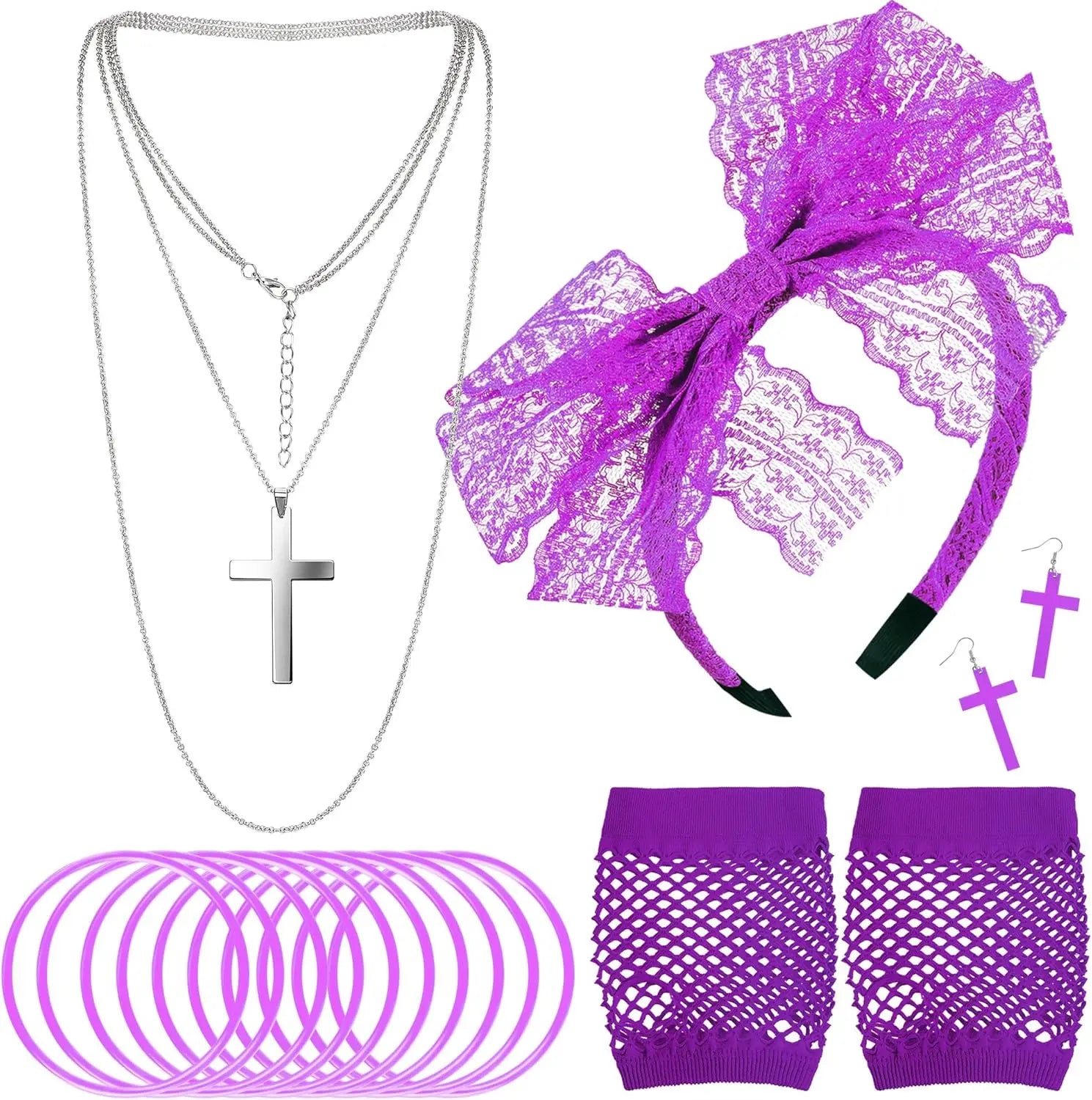 80s Accessories Women Dress Costume Lace Headband Earrings Fishnet Gloves Necklace Bracelet anime accessories set fancy dress