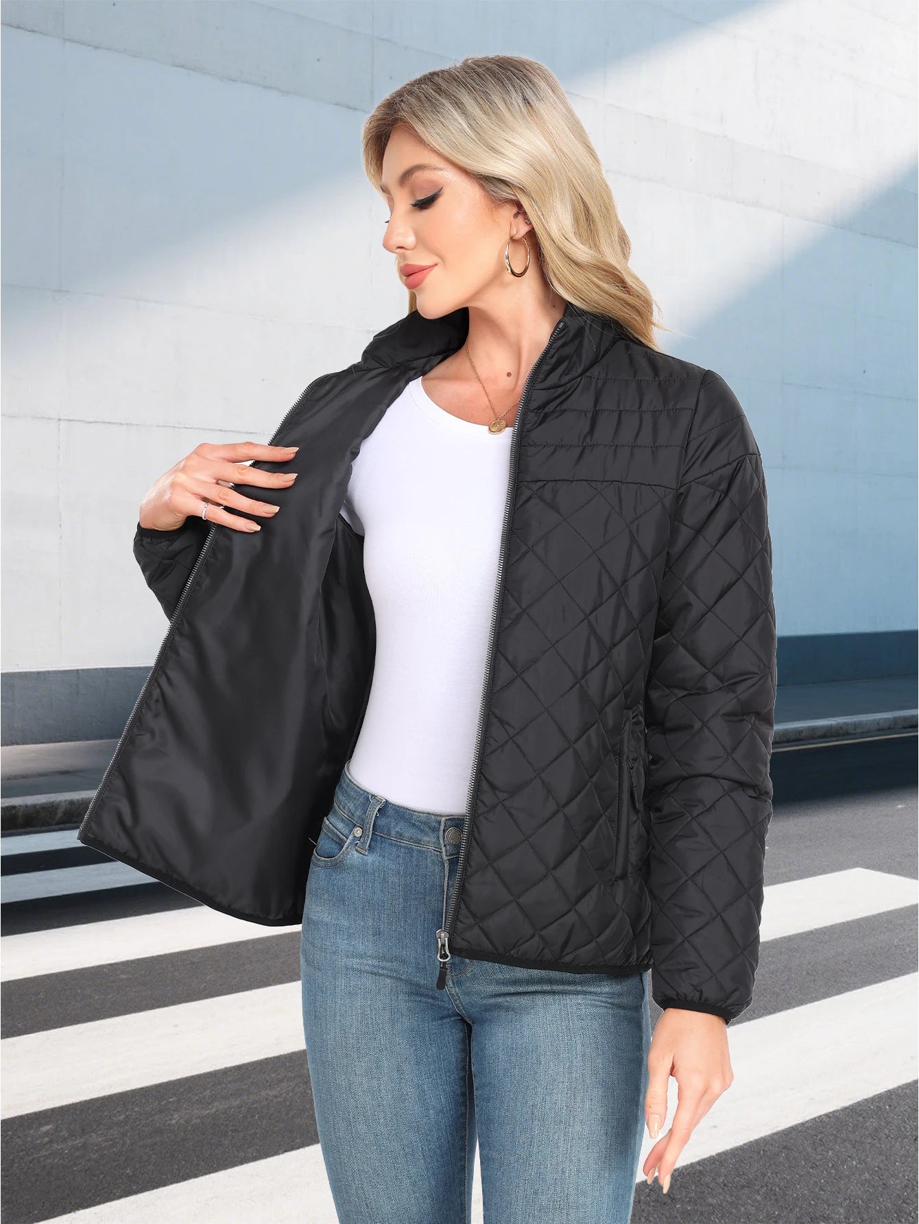 Women's Quilted Jacket With Zipper Simple Fashionable Casual Everyday Wear Coats Tops Black Spring Autumn