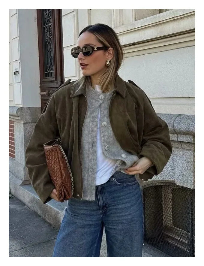 Women's Bomber Jackets Coats Fashion Turn-down Collar Long Sleeve Oversize Coats 2025 Autumn Ladies Vintage Outerwear Chic Tops