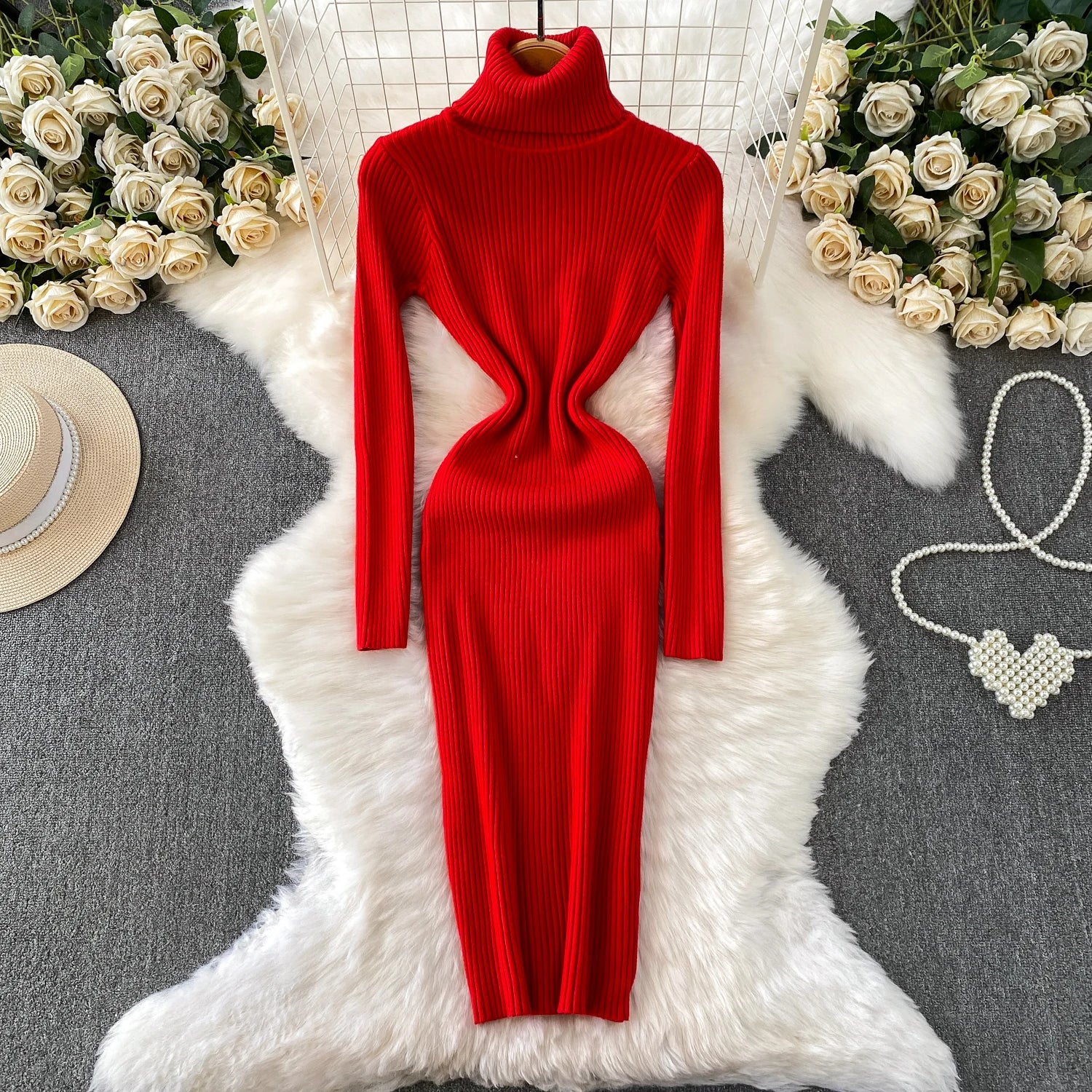 Women Winter Turtleneck Knittign Dress Stretch Slim Long Sleeve Soft Knitwear Dresses Female Casual Lining Simple Bottom Vestido