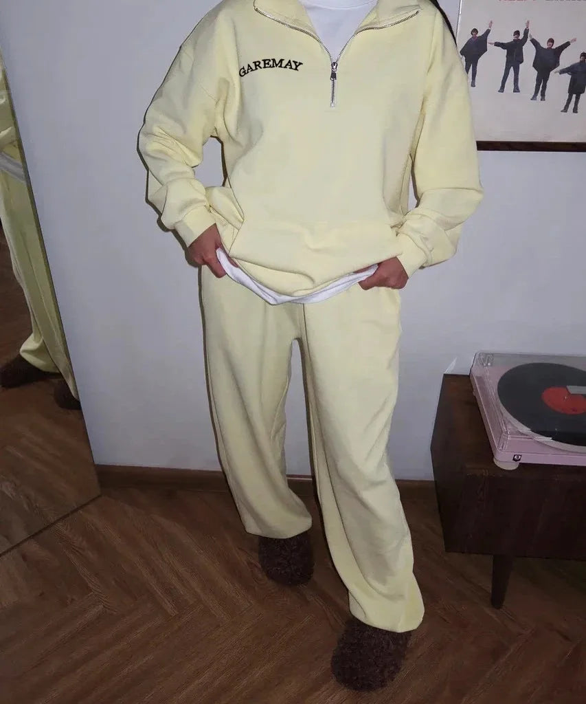 Fashionable Women's Sports Suit, Solid Color Loose Lapel, Long-sleeved Top, Straight-leg Pants, 2025 Women's Casual Sports Suit