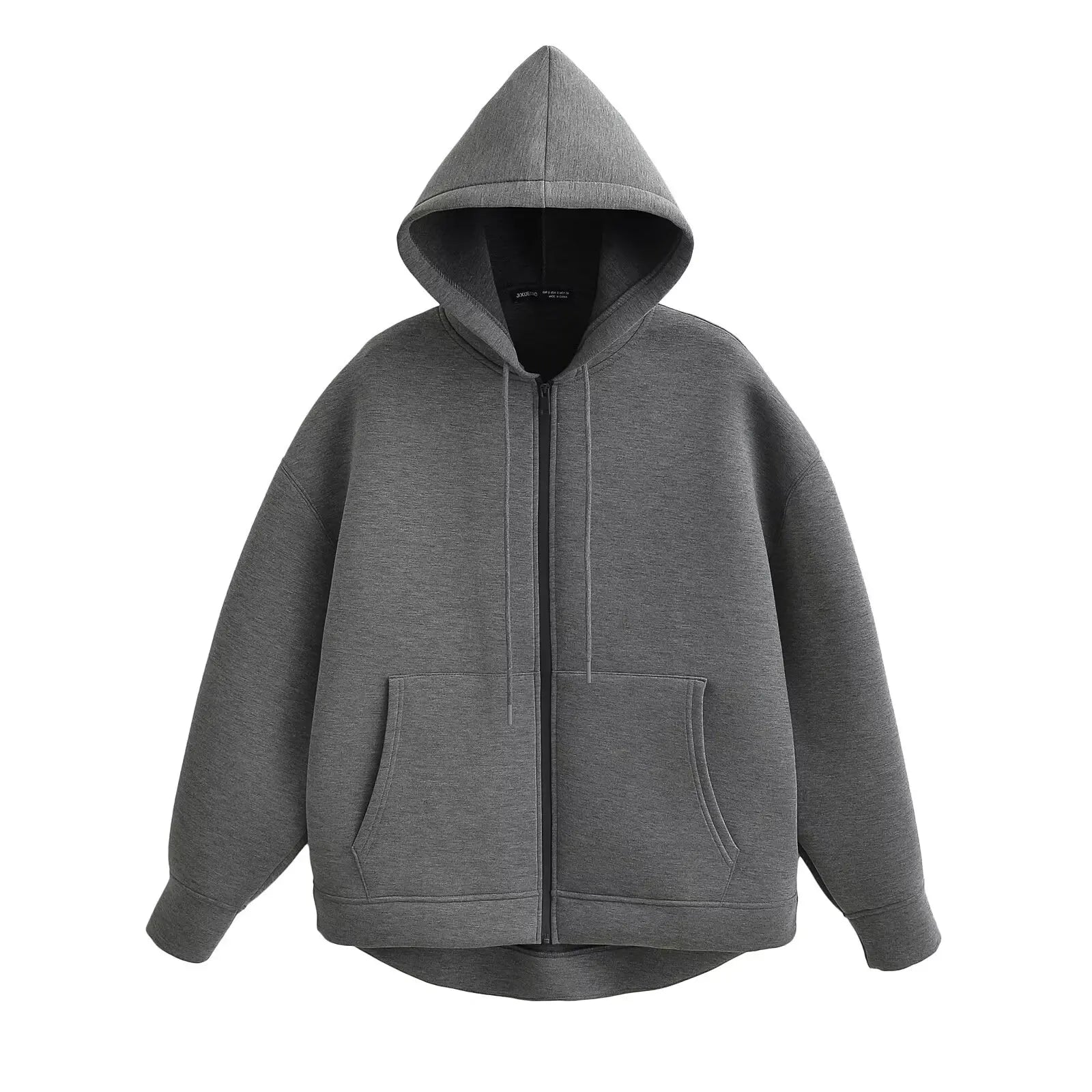 2025 Women Gray Jacket With Hood Long Sleeve Big Pocket Zipper Jacket Coat Woman Loose Casual Outerwear Coat Tops