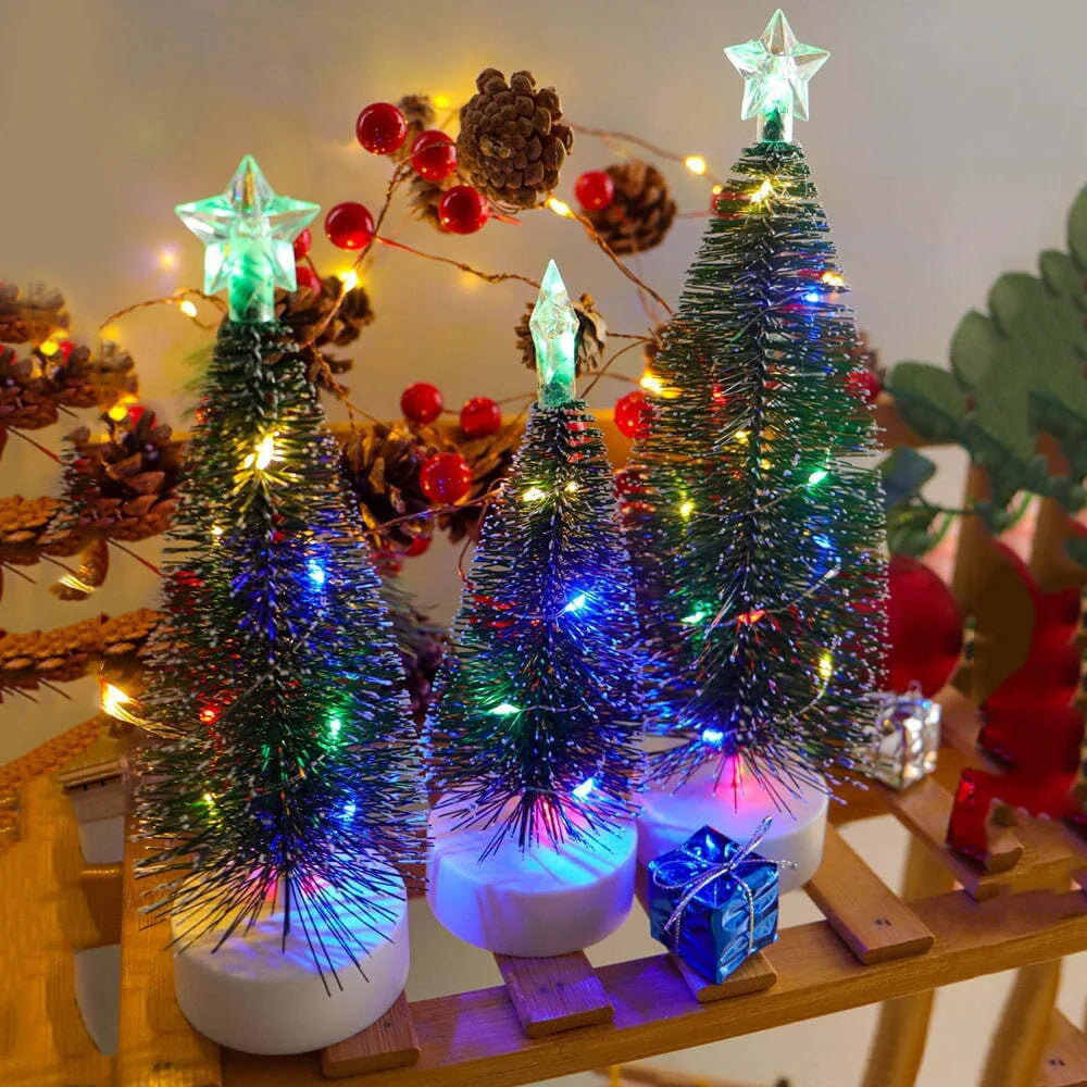 Mini Christmas Trees with LED Light Decor Tabletop Crafting DIY Christmas Gift Green Brush Trees Winter Ornaments