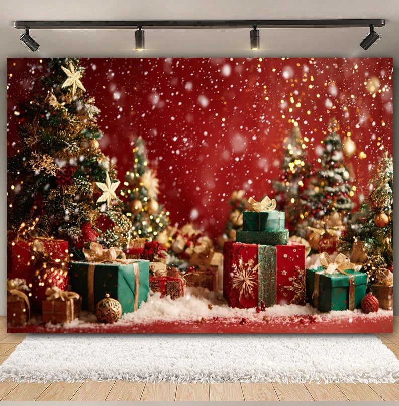 Christmas Day Decor Backdrop for Photography Xmas Tree Red Room Wall Glitter Gift Family Holiday Portrait Decor Photo Background