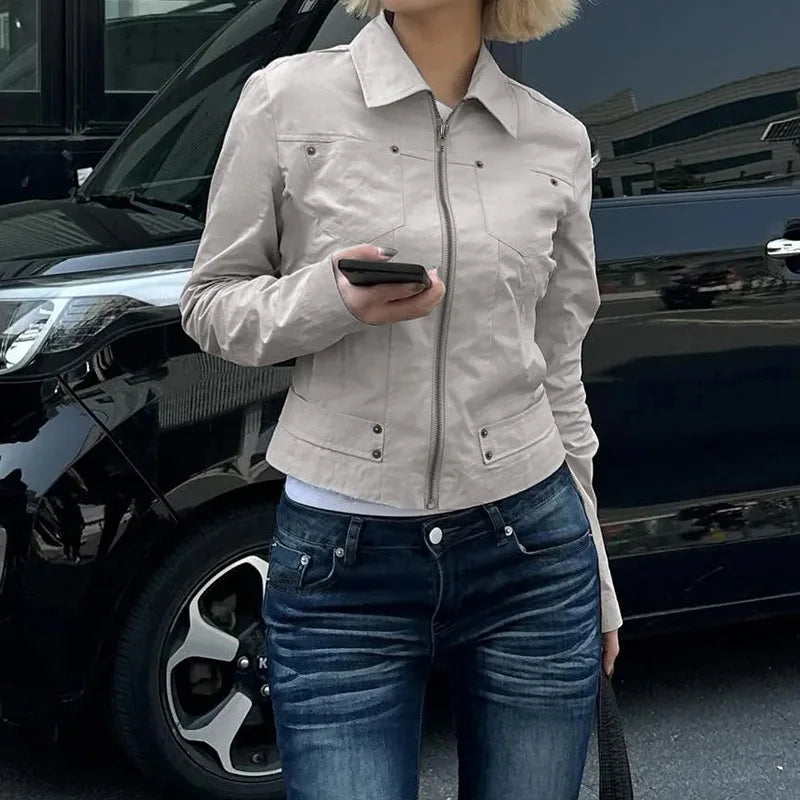 Women Jacket Pocketd Long Sleeve dCasual Zipper Coats Slim Fit Turn Down Collar Solid Outwear Elegant Lady Autumn