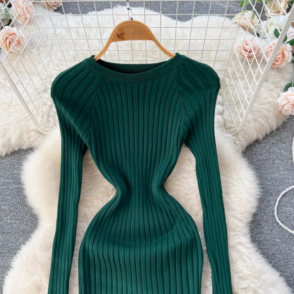 Women Knitted Dress O Neck Sexy Slim Elastic Oversized Basic Bodycon Long Dress Winter knit Warm Sweater Dresses