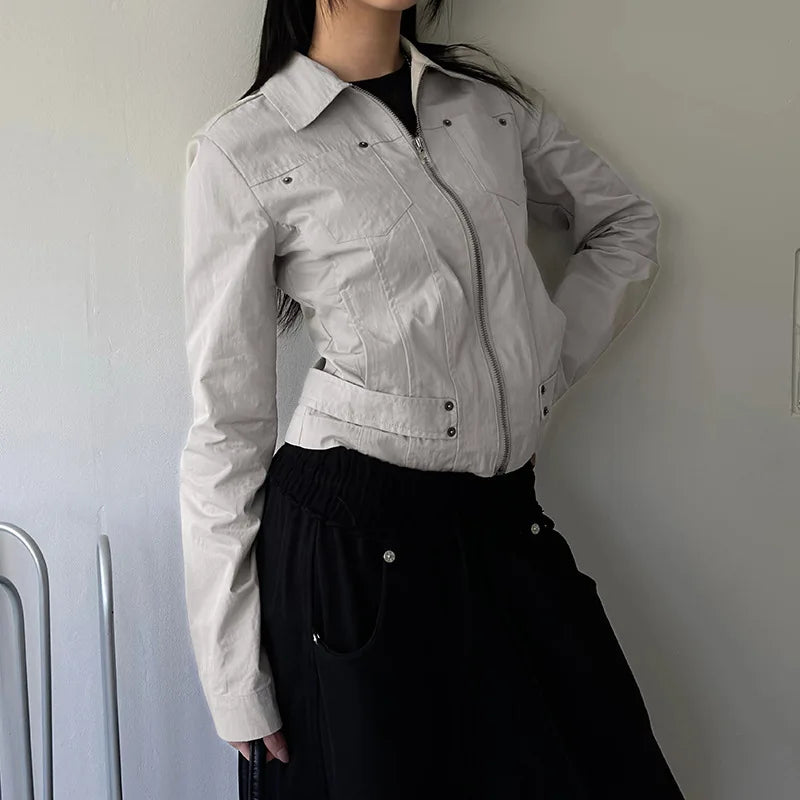 Women Jacket Pocketd Long Sleeve dCasual Zipper Coats Slim Fit Turn Down Collar Solid Outwear Elegant Lady Autumn