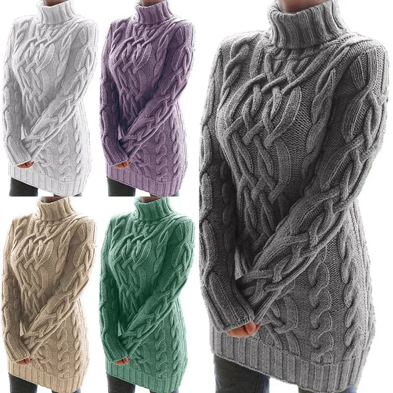 Women Fashion Long Sweater Dress High Collar Knitted Sweater Solid Color Thicken Pullovers Mini Vestidos 2024 Winter Autumn