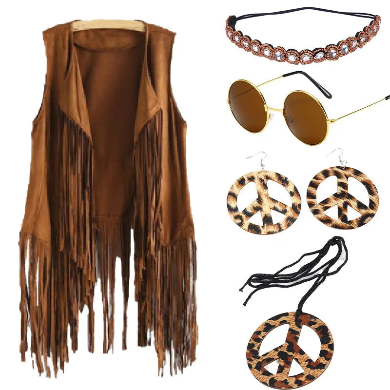 Women's Tassel Sleeveless Vest 60Ss 70s Female Hippie Disco Fringe Cardigan Peace Sign Accessories for Carnival Cosplay