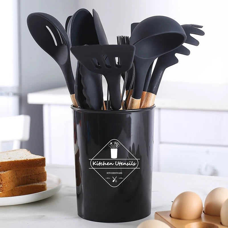 Kitchen utensil set with wooden handles, non-stick pans, food-grade cooking silicone storage set, baking and frying kitchen set