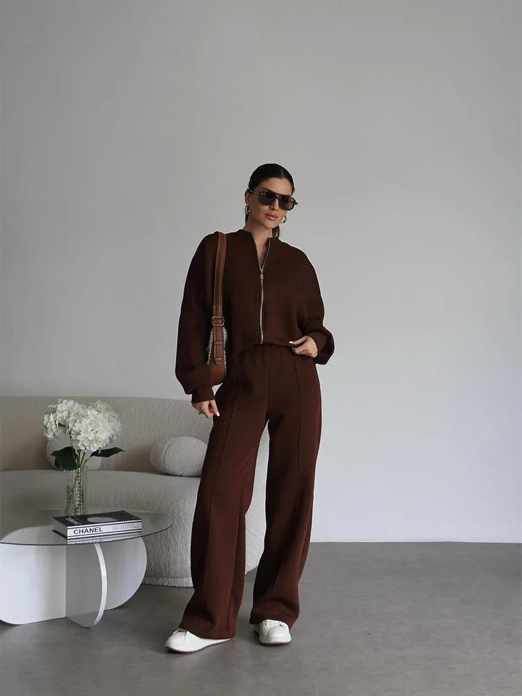 Women Sweatsuit Set Vintage O-neck Zipper Bomber Jackets High Waist Loose Pants Suit Female 2025 Spring Fashion Lady Sportswear