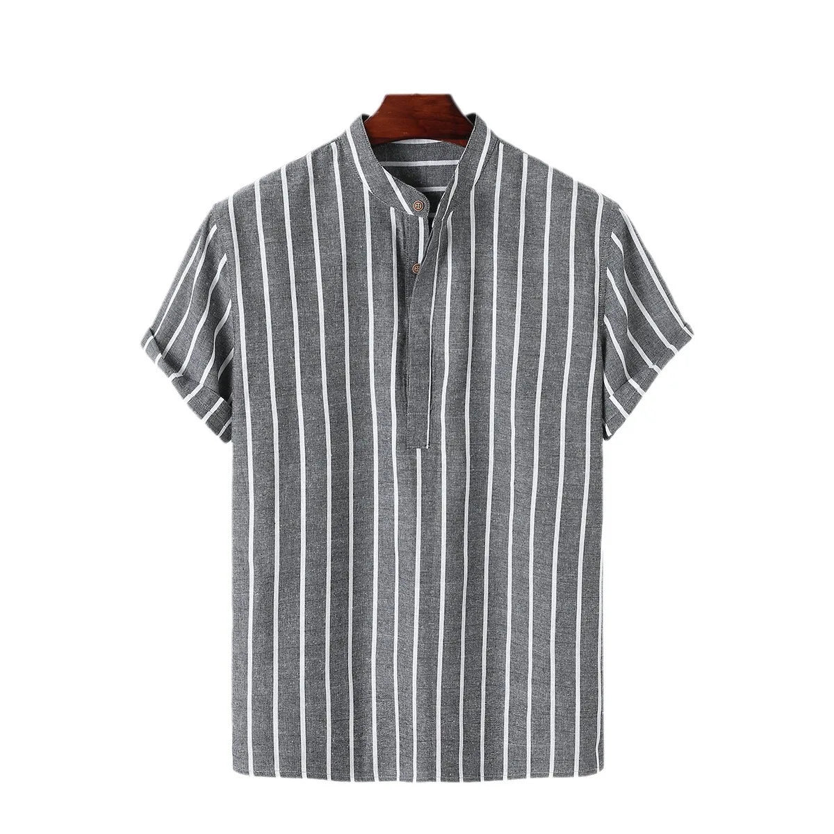 Men Fashion Striped Shirt Short Sleeve Casual Linen Shirts Tops Male Formal Social t-Shirts Stand-Up Collar Shirts Man Clothes