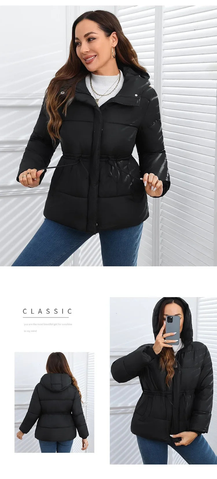 Women's Winter Tops Jacket Cotton Coat Waist Drawstring Hooded Large Size Warm Thickened Vintage Leisure Designed Soft Versatile