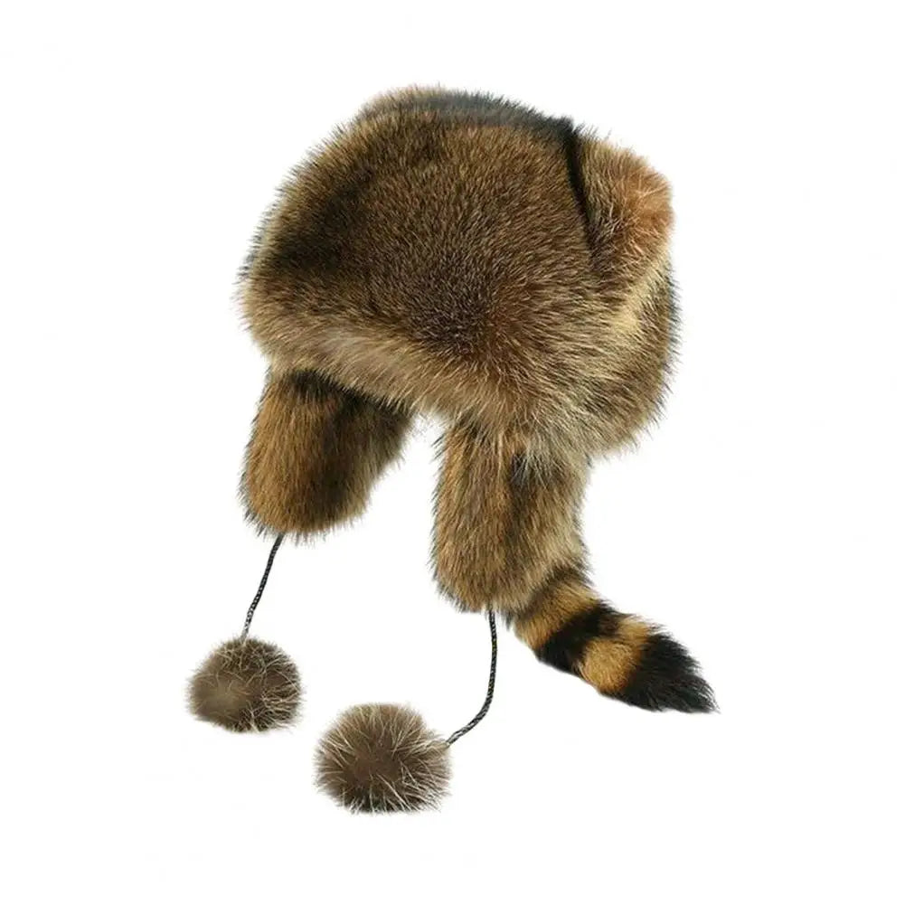 Winter Hat for Kids Adults Racoon Shape Outdoor Cap Faux Fur Thermal Isolation Windproof Unisex Furry Ball Decor Headwear