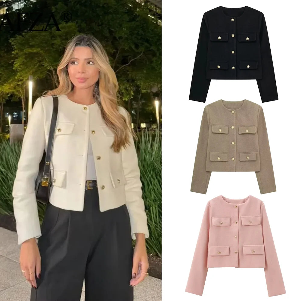 Women Elegant Cropped Jacket 2025 Women's Fashion Jacket O-Neck Long Sleeved Flip Pocket Coat Female Casual Outwear Tops
