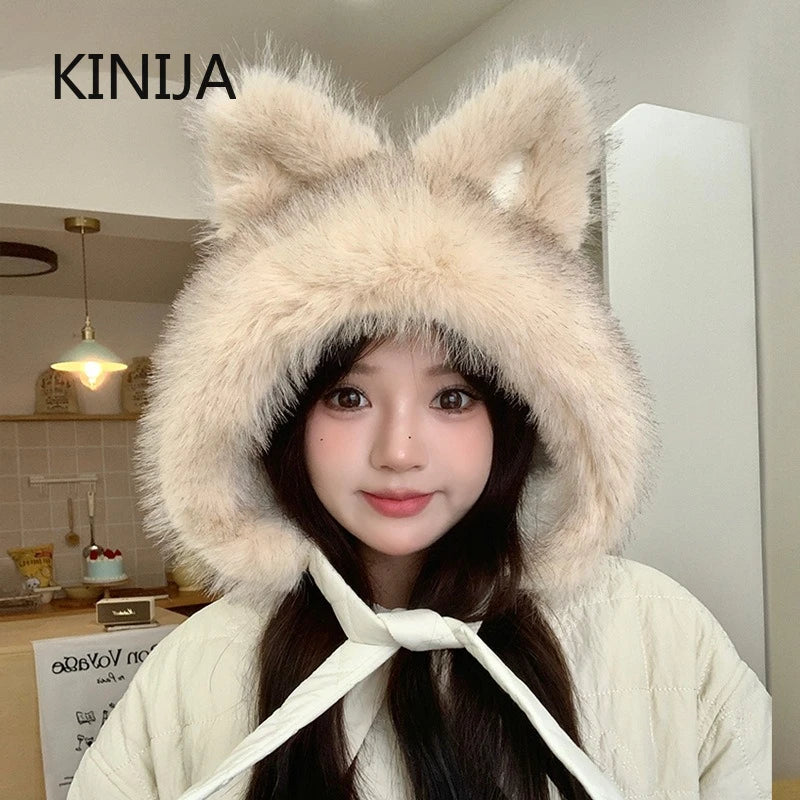 Winter Hat Thicken Ski Beanie Hat for Women Balaclava Spicy Girl Style Cat Girlfriend Hat Outdoor  Warm Protection Accessories