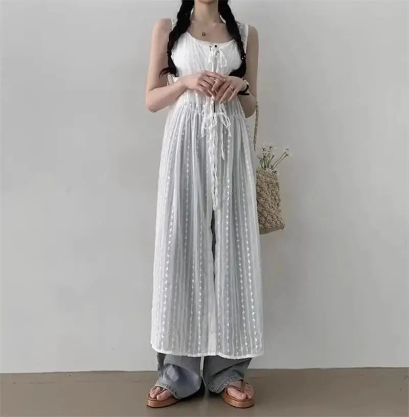 Embroidered Dress for Women in Summer Thin Lace up Layered Vest Long Cover Skirt