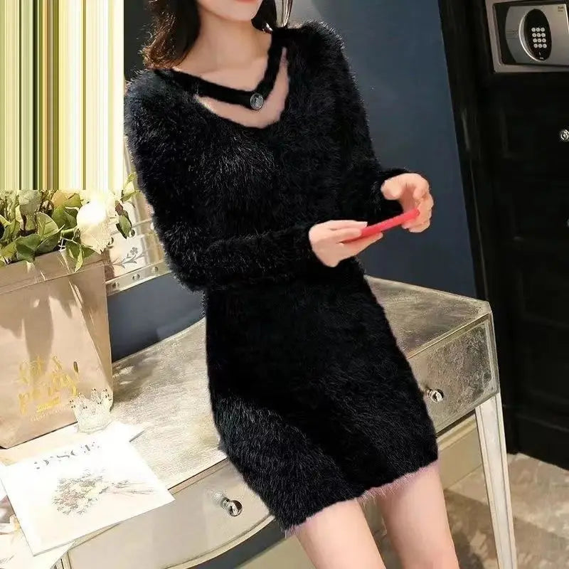 Women's Autumn Winter y2k Dresses Casual Korean Fashion Clothing Slim Mini Sweater Dress White Black Knitted Bodycon Vestidos