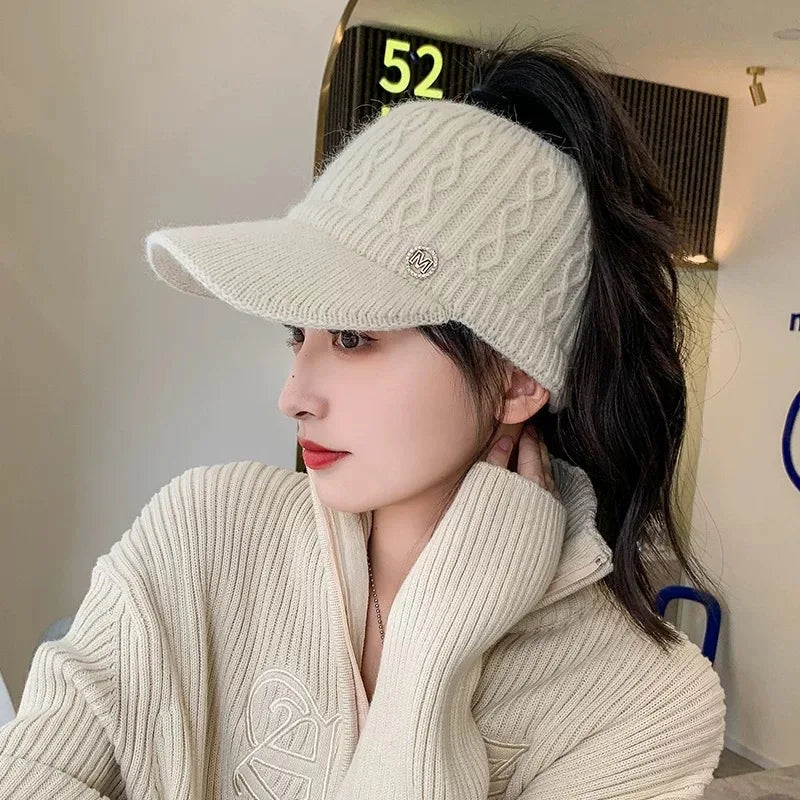 Winter Warm Headband Hat With Brim Thick Knit Cap Ponytail Hole Ponytail Opening Ear Covers Fashion Fashion Knit Hat Accessories
