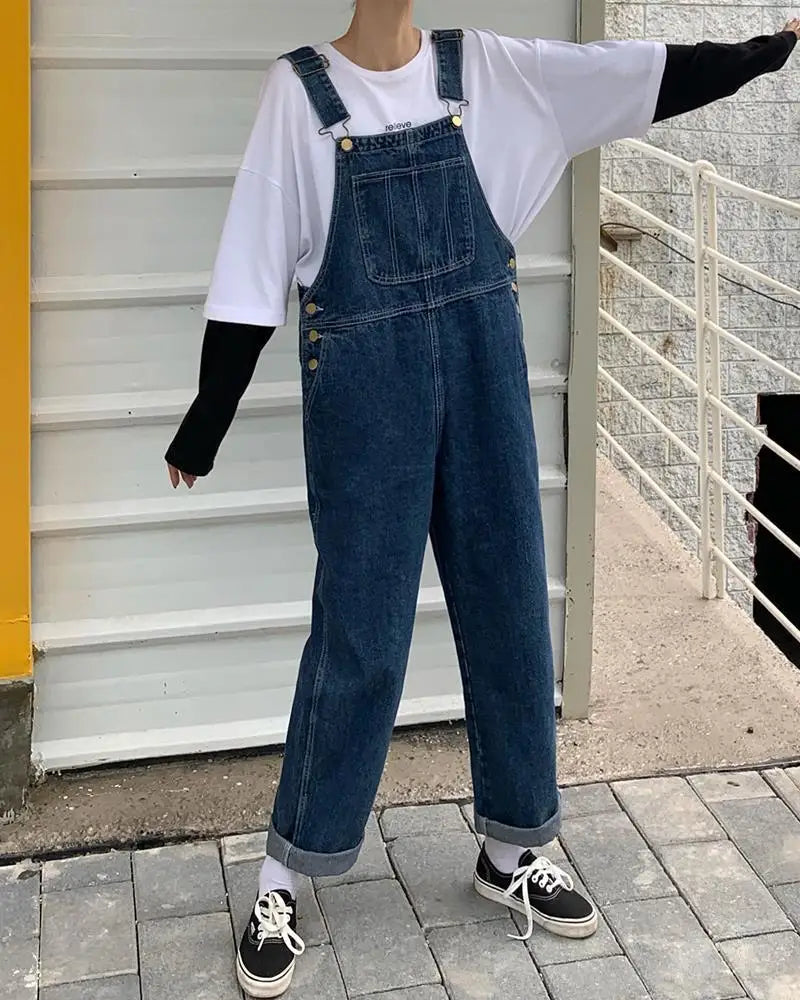 New Men's Denim Overalls Casual Multiple Pockets Loose Splice Straight Rompers Fashion Adjustable Suspenders Jeans For Male