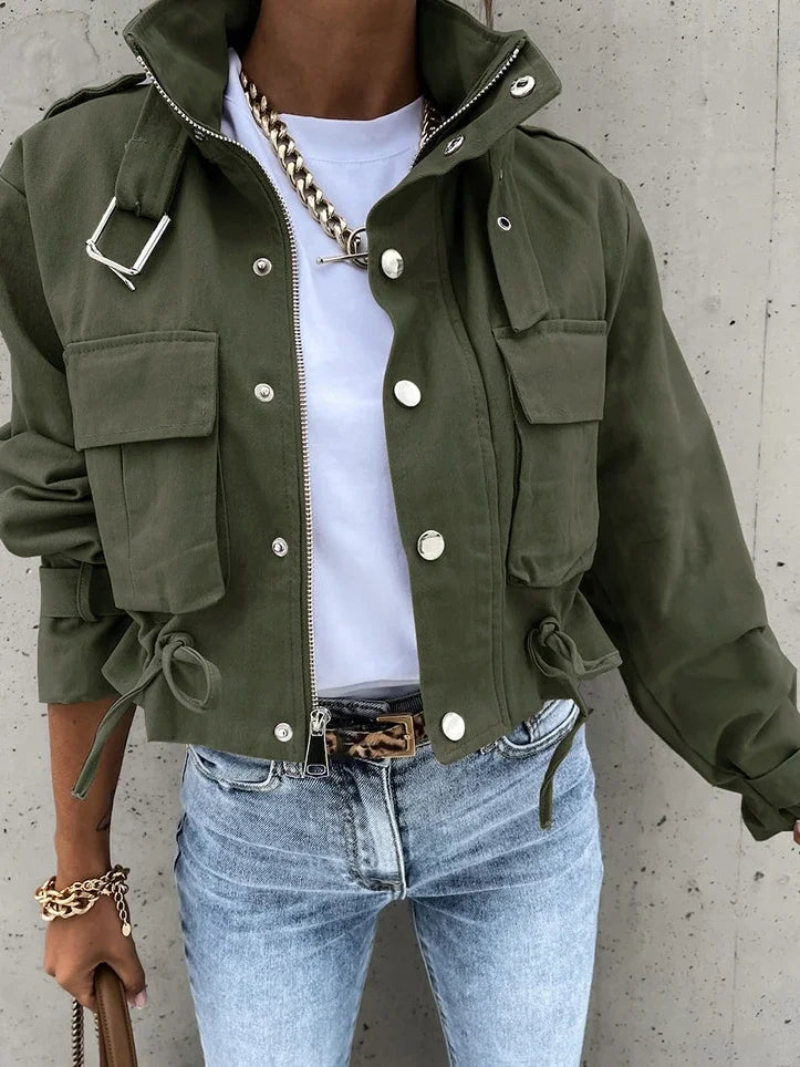 Women's New Short Casual Jacket Ladies' Autumn Rivet High Neck  Fashionable Printed Long Sleeved Single Breasted Jacket