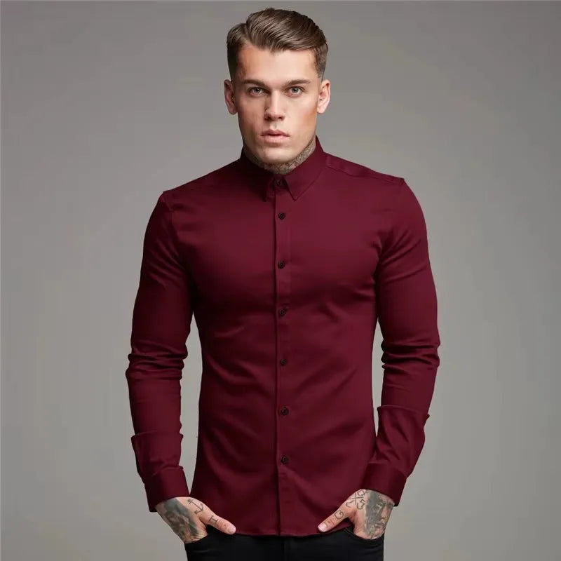 Men's Shirt Fashion Full Sleeve Shirt Men's Muscle Casual Slim-fit Business Dress Solid Color Shirt Men's Gym Fitness Men Shirt