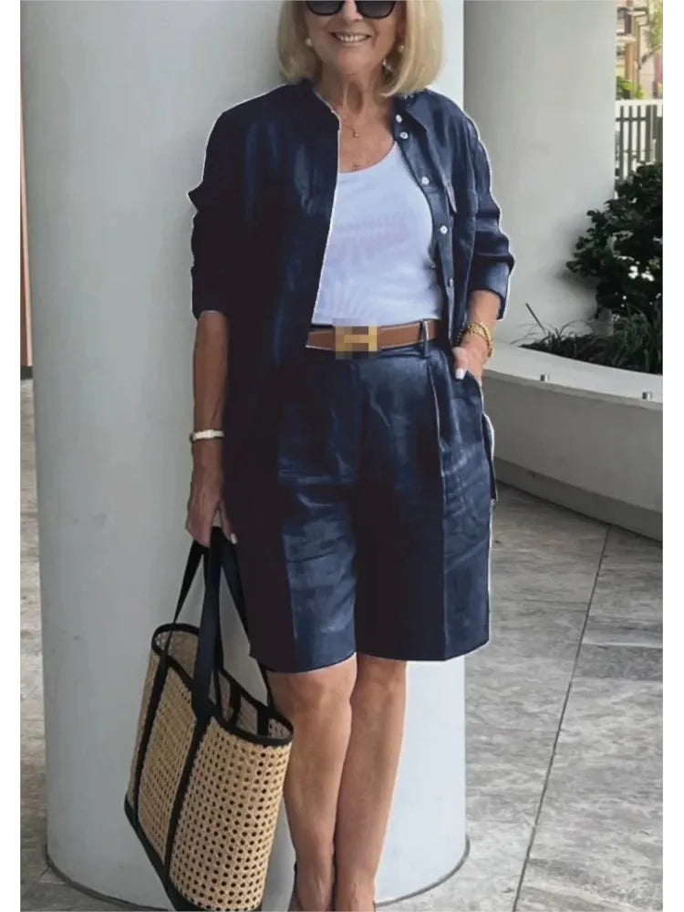 Casual Women Suit Long Sleeve Shirt + High Waist Crotch Pants Sets Two Piece Set Solid Women's Outfit Spring Autumn 2-piece Set