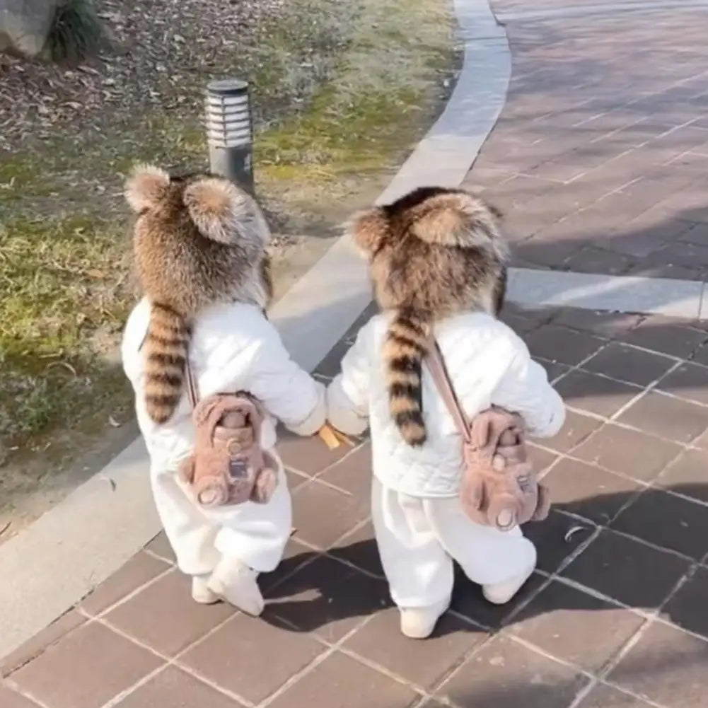 Winter Hat for Kids Adults Racoon Shape Outdoor Cap Faux Fur Thermal Isolation Windproof Unisex Furry Ball Decor Headwear