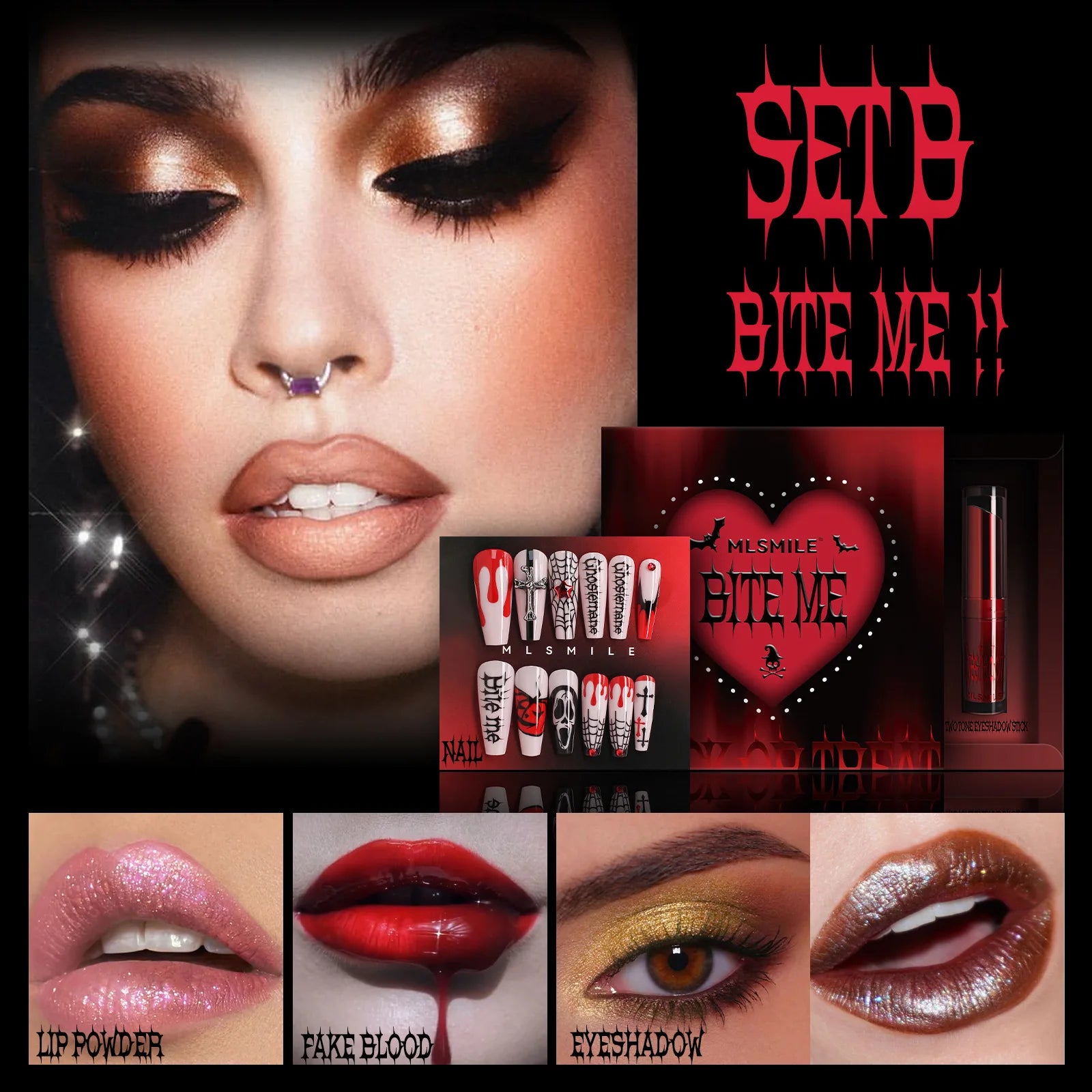 MLSMILE Halloween Makeup Set Eyeshadow Glitter Lip Glaze Fake Blood Wearing Armor 4pcs/set Festive Set Trick or Treat Cosmetics