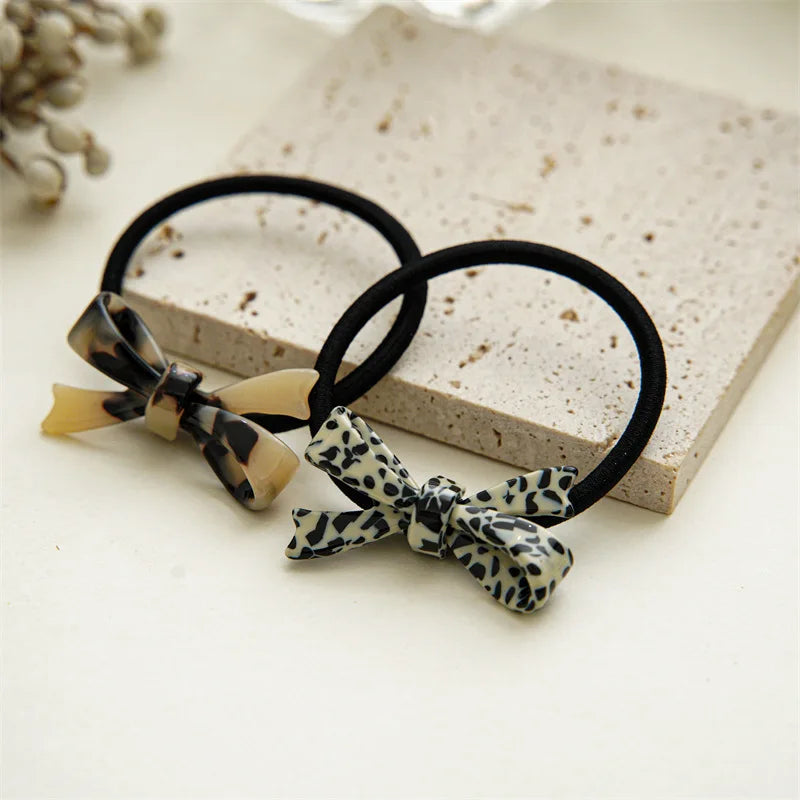 Fashion Korean Style Acetic Acid Acrylic Bow Hair Tie Leopard Tortoise Plastic Bowknot Elastic Hair Band Women Ponytail Holder