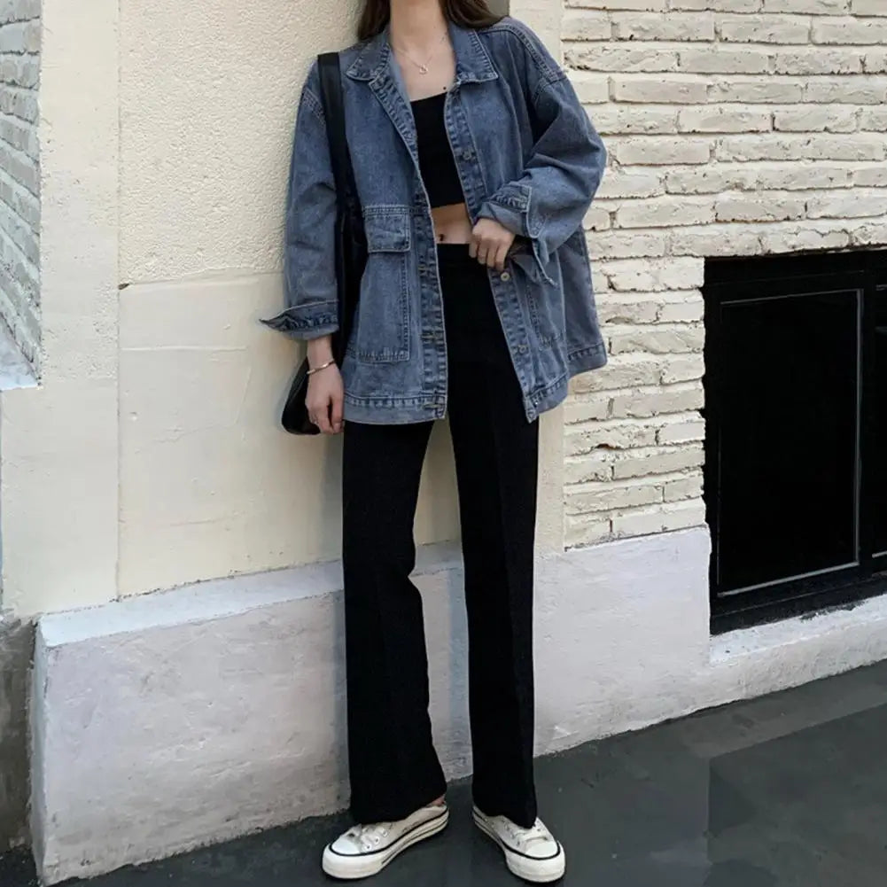 Women Jacket Washed Denim Single-breasted Cardigan Buttons Keep Warm Long Sleeves Turn-down Collar Women Coat Female Clothes