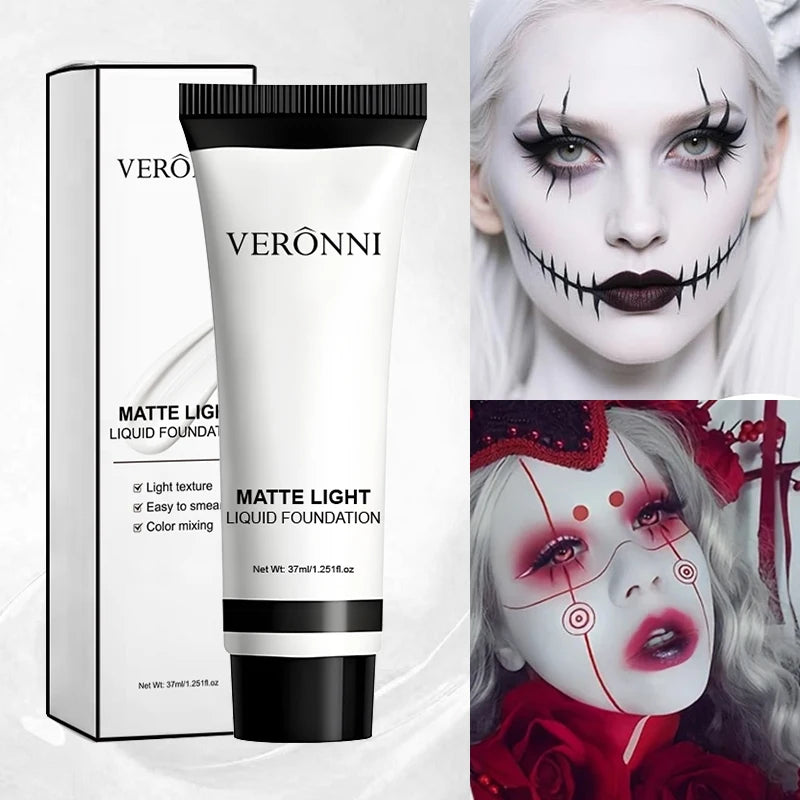 Halloween Dark Makeup Matte LipstickWhite Liquid Foundation Face Body Painting Base for Cosplay Mardi Gras Carnival Natural Look