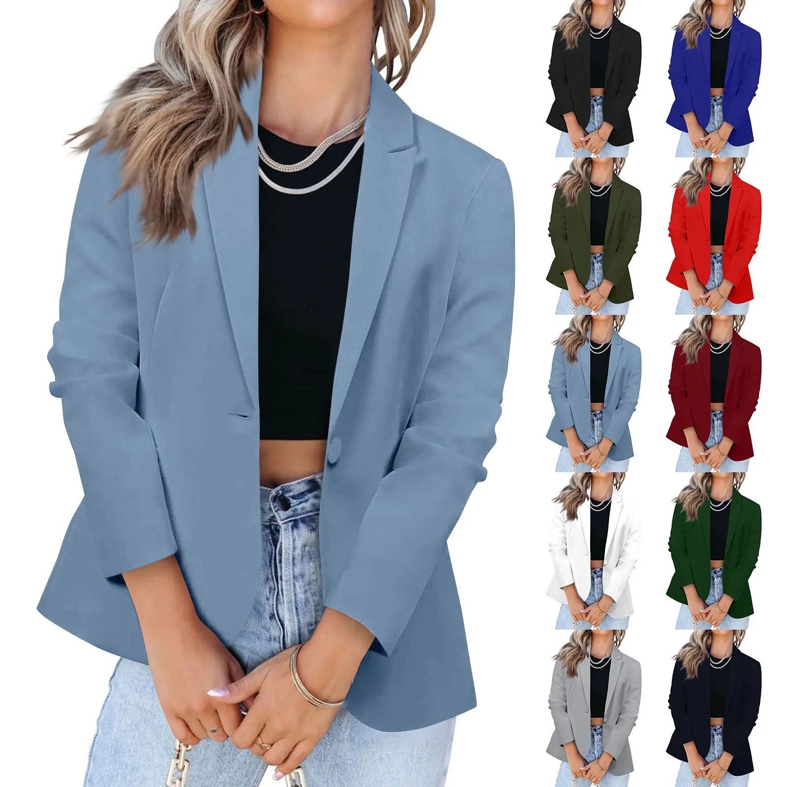 Casual Suit Jacket for Women Fashion Solid Color Long-sleeved Suit Collar Blazer Business Casual Single-button Cardigan Jacket