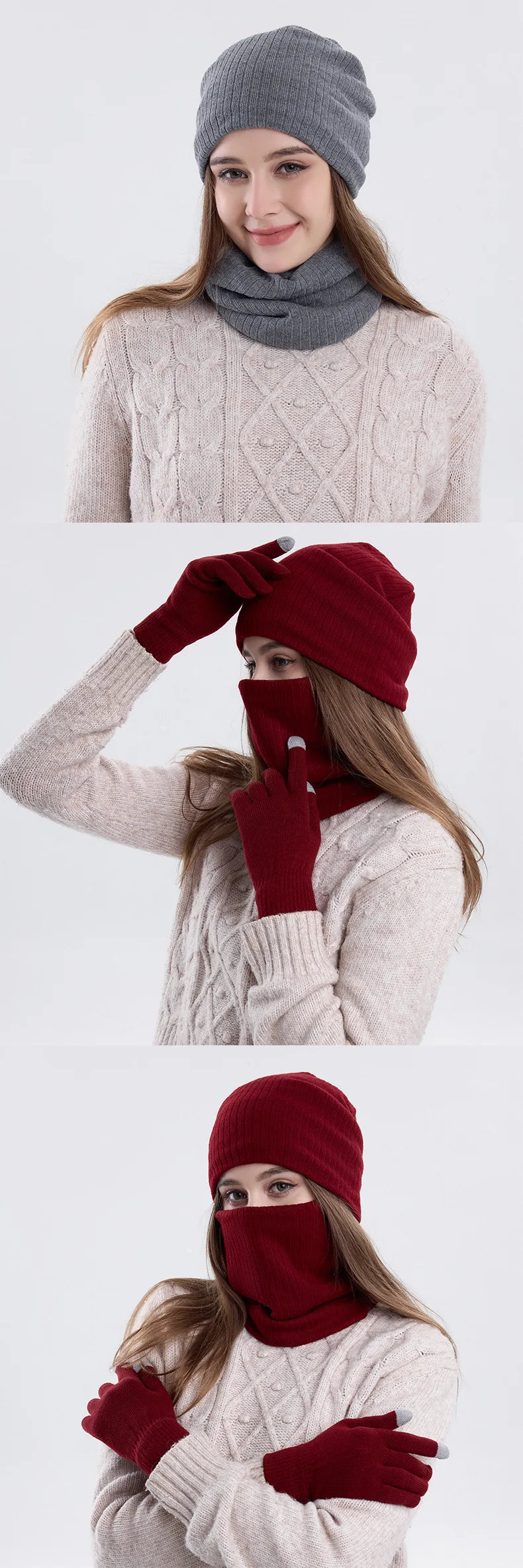 Winter hat, scarf, gloves, three piece set, men's and women's outdoor cold resistant scarf, ear protection, knitted hat
