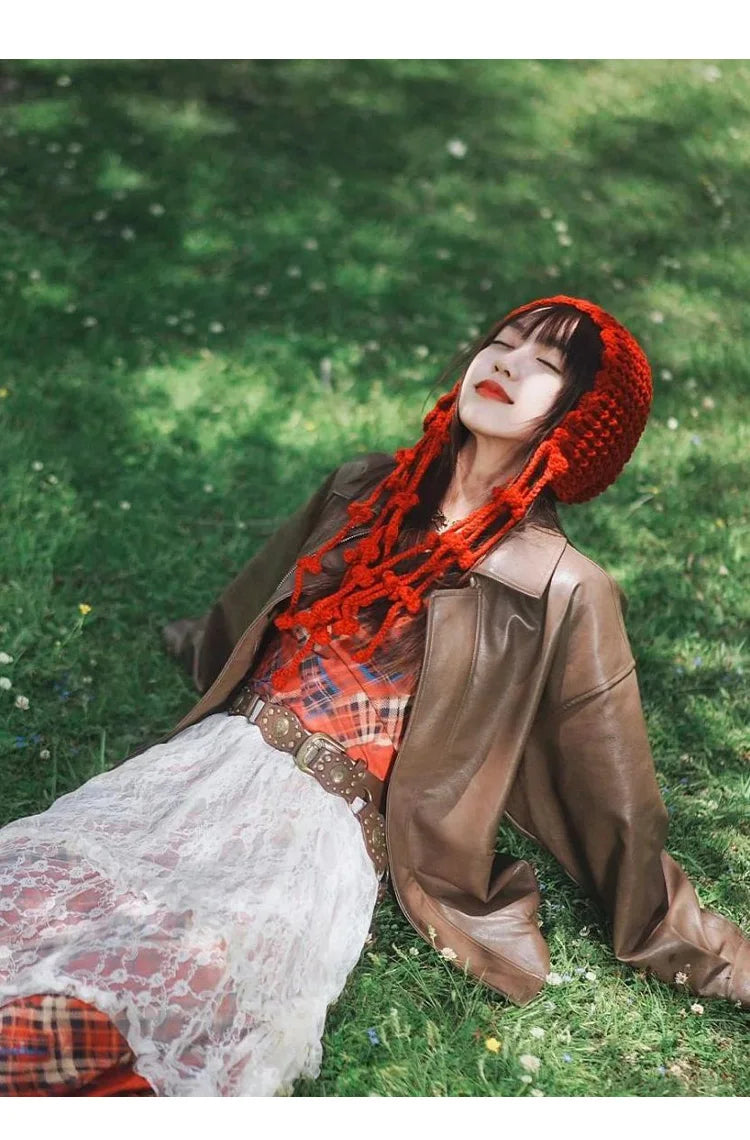 Winter Travel Red Hollow Knit Beanie with Tassel Tie Fashion Hat for Women Cold Weather Accessory