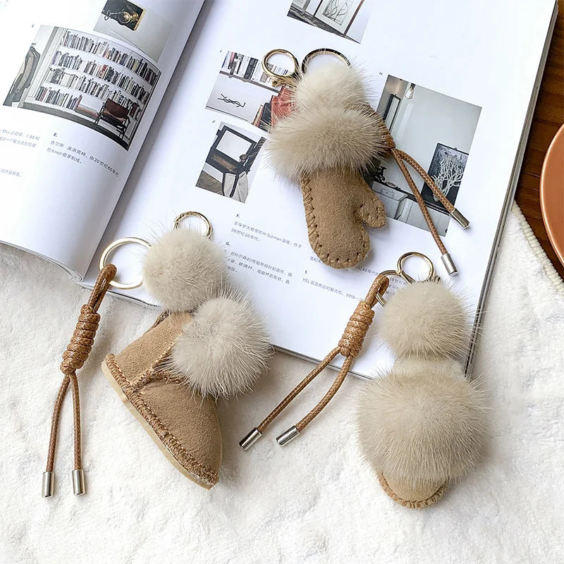 Winter Theme Bag Charm Keychain Pendant,Plush Snow Boots/Gloves Shape,Purse/Handbag Hanging Decoration,Keyring DIY Accessories