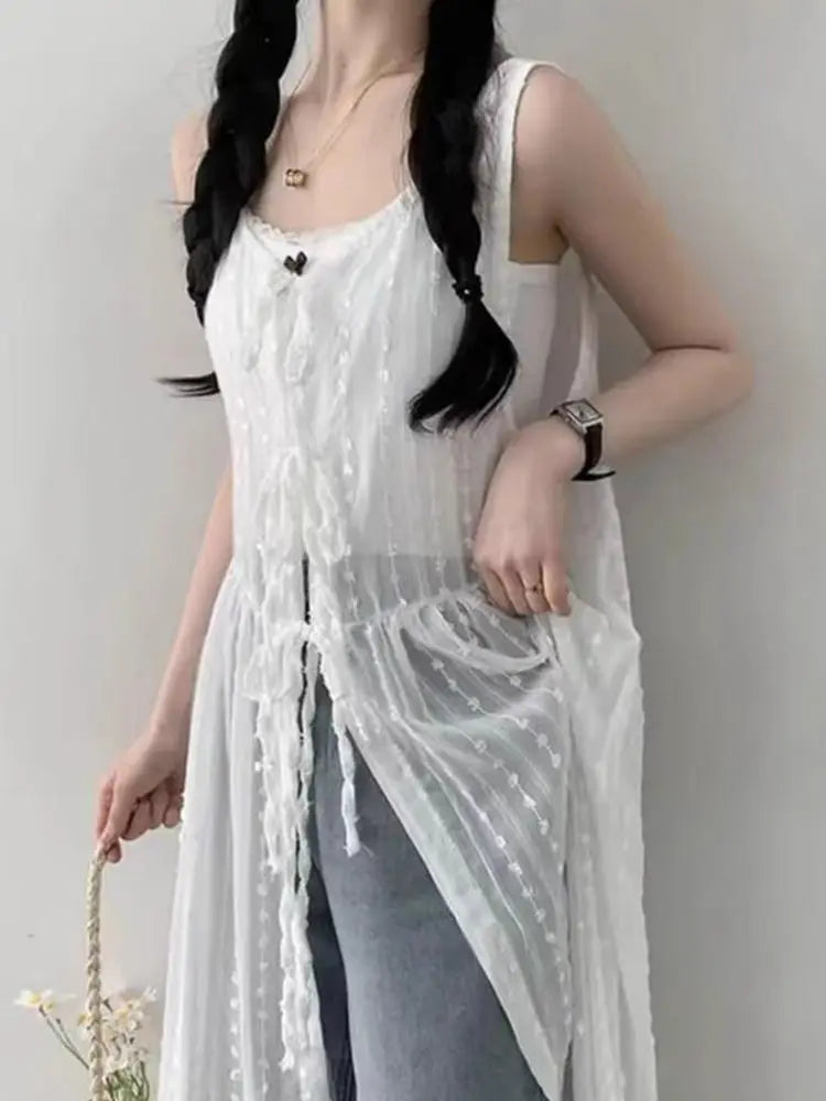 Embroidered Dress for Women in Summer Thin Lace up Layered Vest Long Cover Skirt