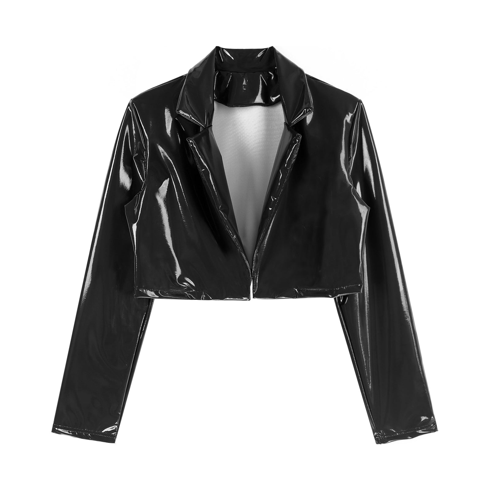Womens Fashion Black Red Motorcycle Jacket Wet Look Music Festival Clubwear Long Sleeve Patent Leather Lapel Cropped Coat
