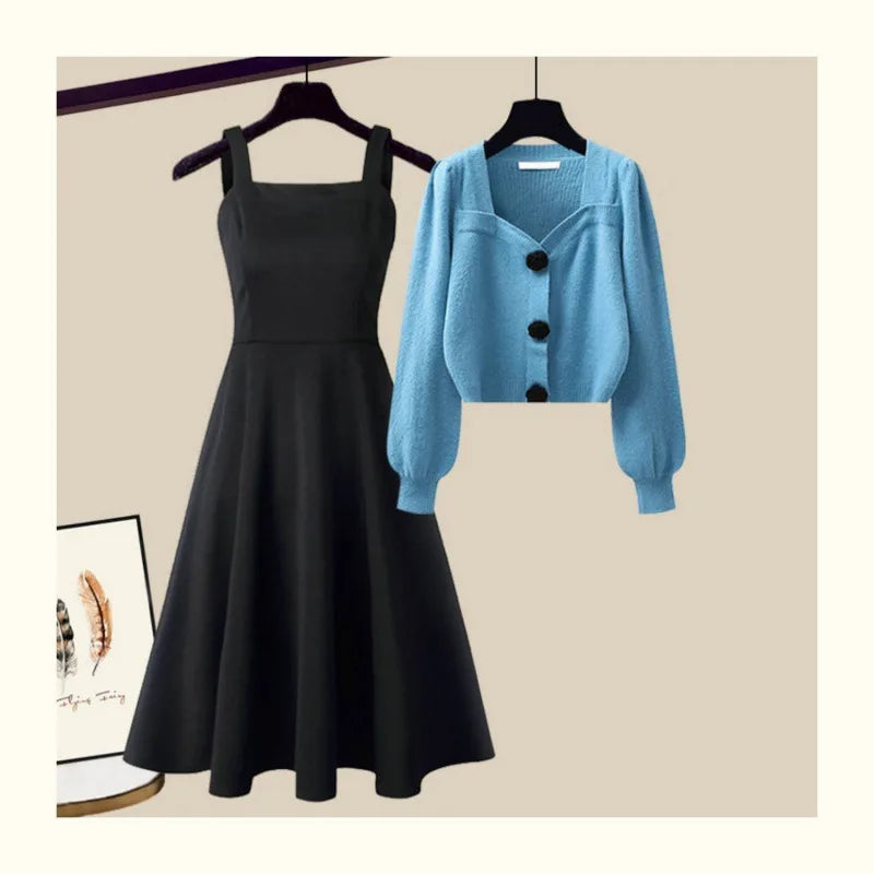 Autumn Winter Knitting Dresses Set Women High Street Slim Long Dress + Cardigan Female Outfits Elegant Sweater Two Piece Suit