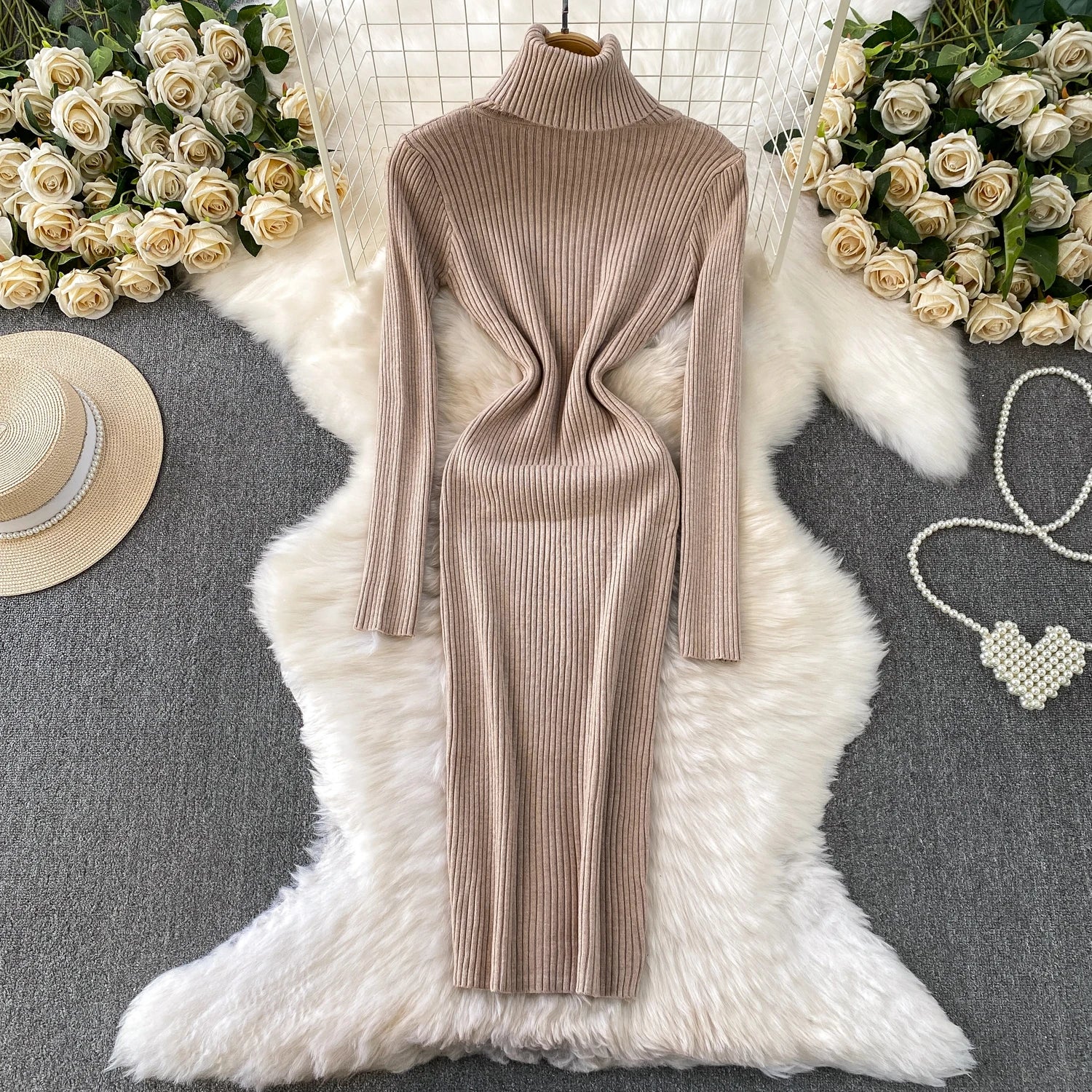 Women Winter Turtleneck Knittign Dress Stretch Slim Long Sleeve Soft Knitwear Dresses Female Casual Lining Simple Bottom Vestido