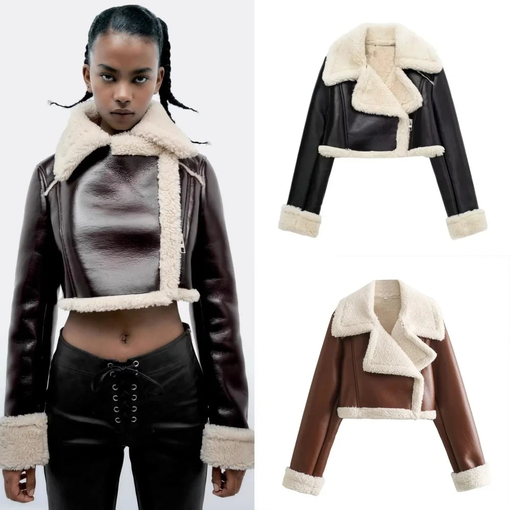 Winter Women Jacket Coats Faux Shearling Sheepskin Coat Retro Motorcycle Jacket Woman Jackets Outerwear Tops
