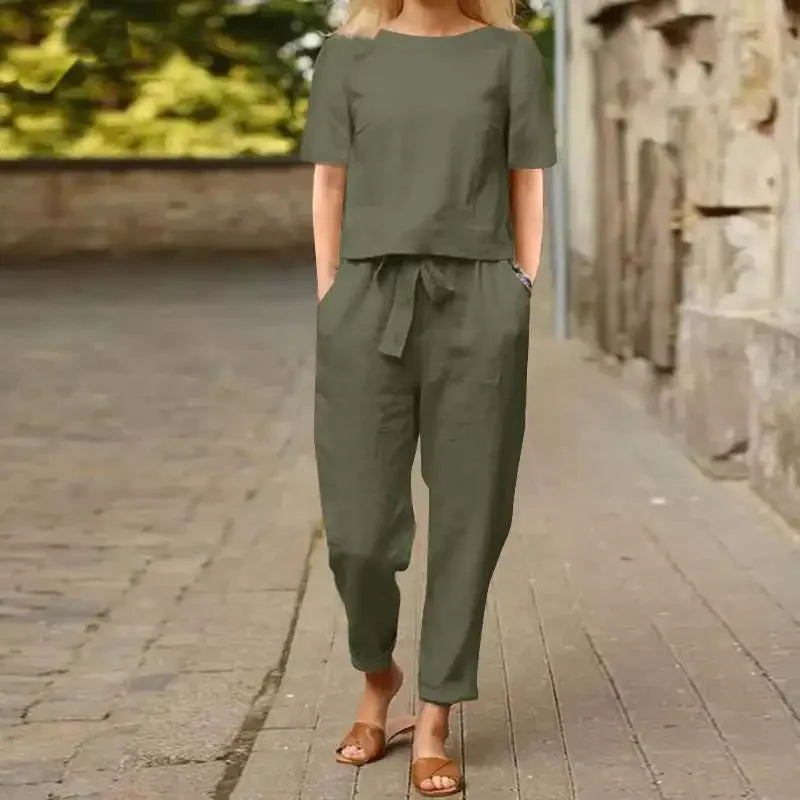 Women's Cotton Linen Suit Summer Matching Suit Half-sleeved Round Neck Tie Elastic Waist Trousers Wide-leg Pants Retro Suit