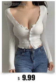 WOMENGAGA Korea Sexy V-neck High Waist Large Chest Tight Thin Knit Short Sleeve T-shirt Women's Hot Sexy Korean Women Tees 5INW