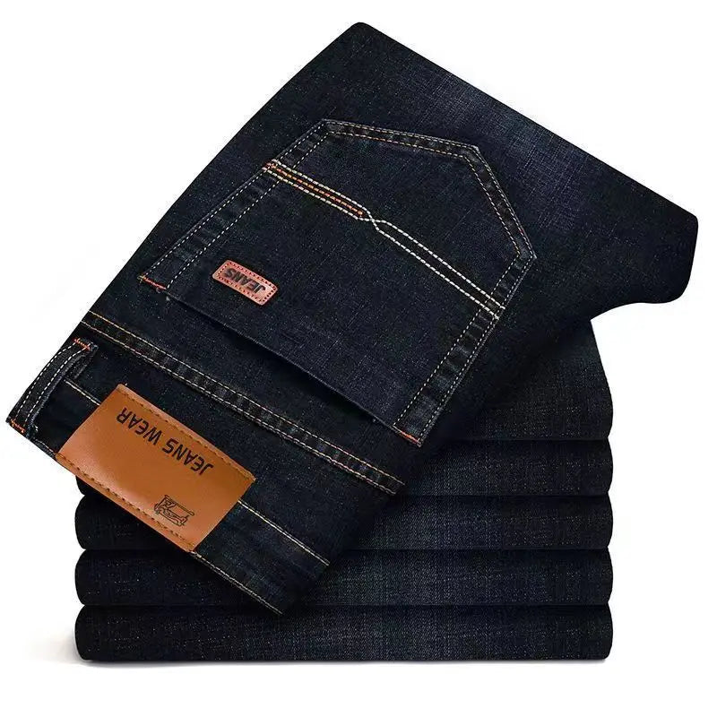 2025 men's fashion business jeans classic style casual elastic slim fit jeans men's denim pants black blue