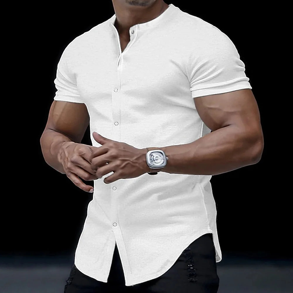 2025 Men's Summer Stand Collar Short Sleeve Shirts Solid Slim Fit Casual Cardigan Versatile T-shirts Social Blouses for Men Tops