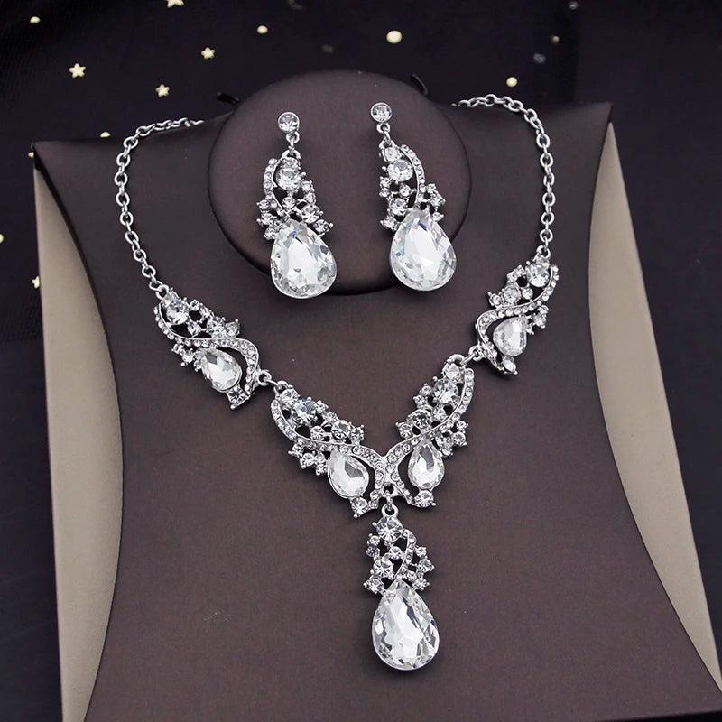 Gorgeous Crystal Jewelry Sets for Women Luxury Choker Necklace Earrings Set Wedding Dress Bridal Costume Necklace Accessories