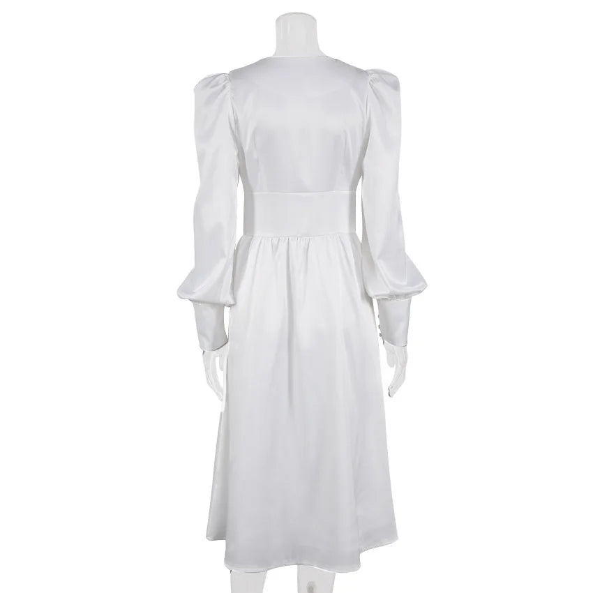 Autumn and Winter Women's Long Dress V-neck Satin Waist Retro Dresses for Women