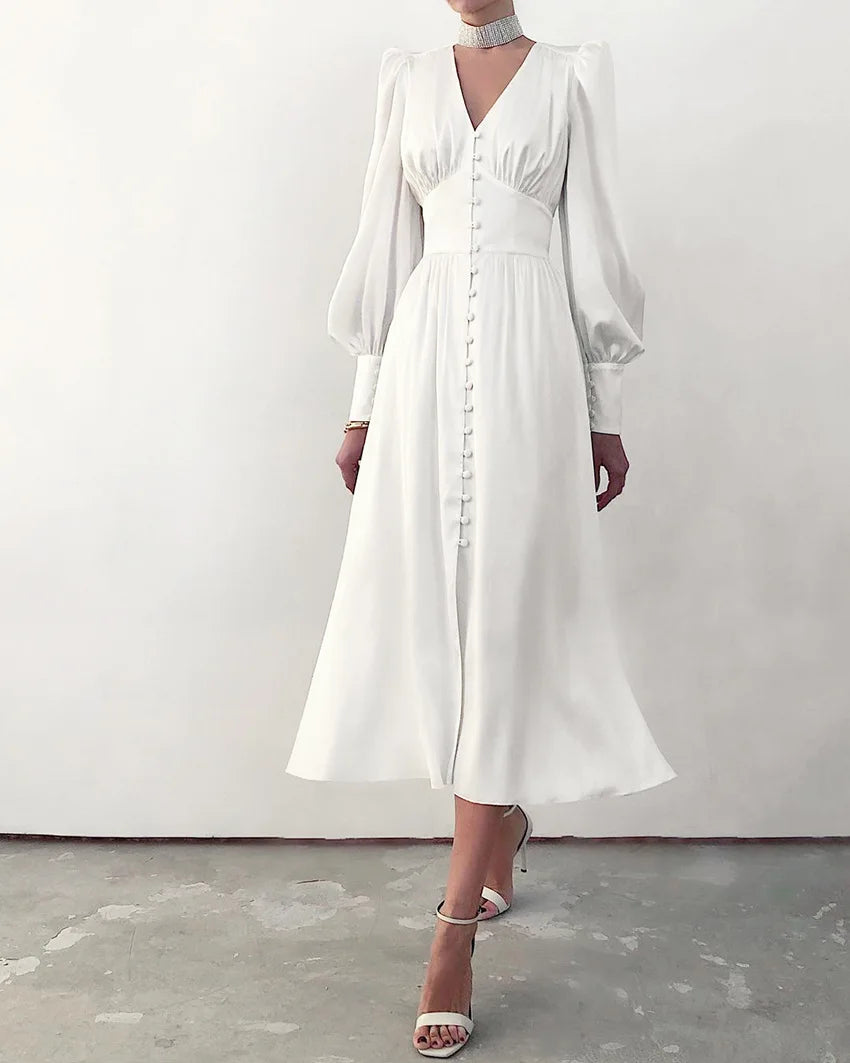 Autumn and Winter Women's Long Dress V-neck Satin Waist Retro Dresses for Women