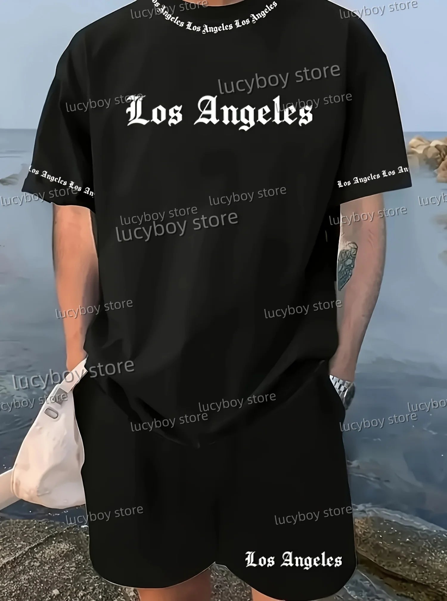 men casual Tracksuit Outfit Summer Tracksuit  2 Piece Set Clothes LOS ANGELES MEN Tracksuit Sport T-shirt+shorts Suit